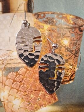Hammered Metal Face Dangle Earrings - Silver and Black